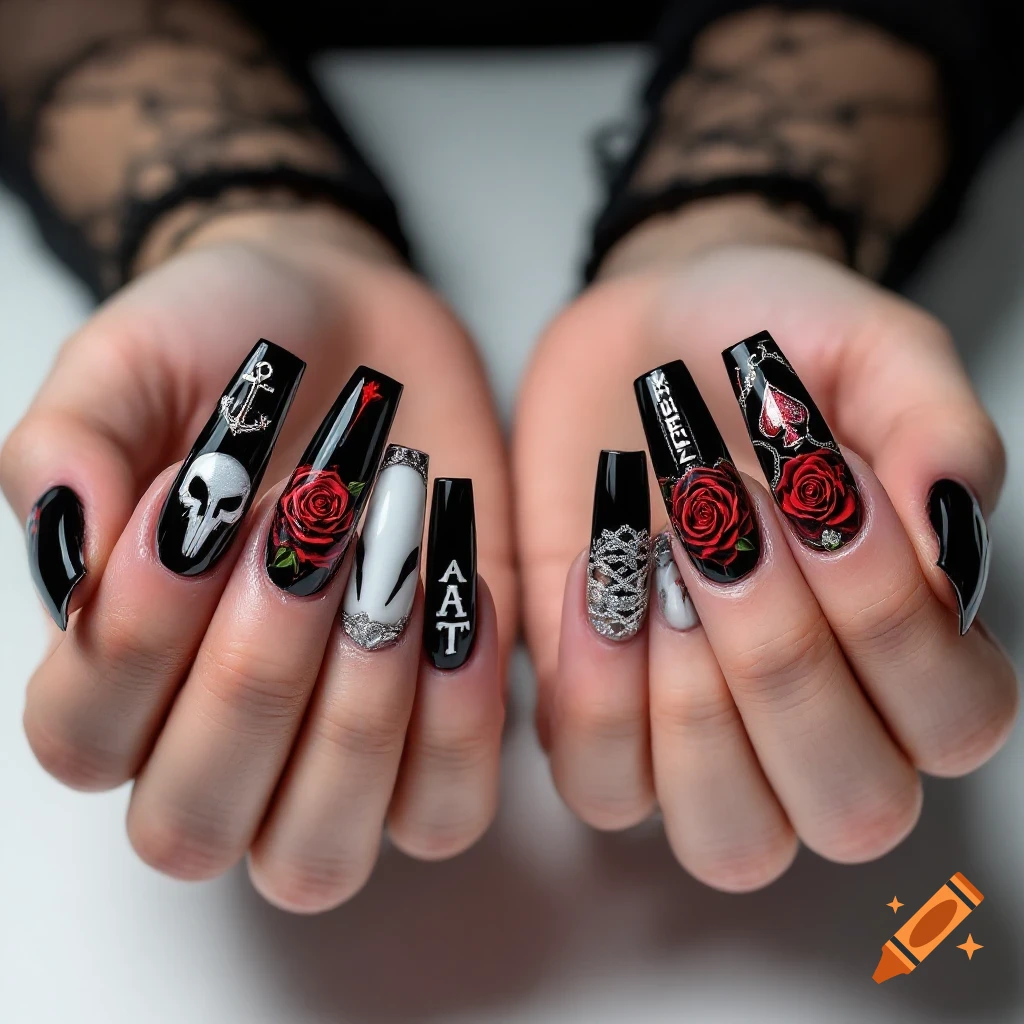 Close-up of two hands displaying elaborate gothic K-pop inspired black coffin-shaped nail art with red roses, skulls, anchors, spades, and chains.
