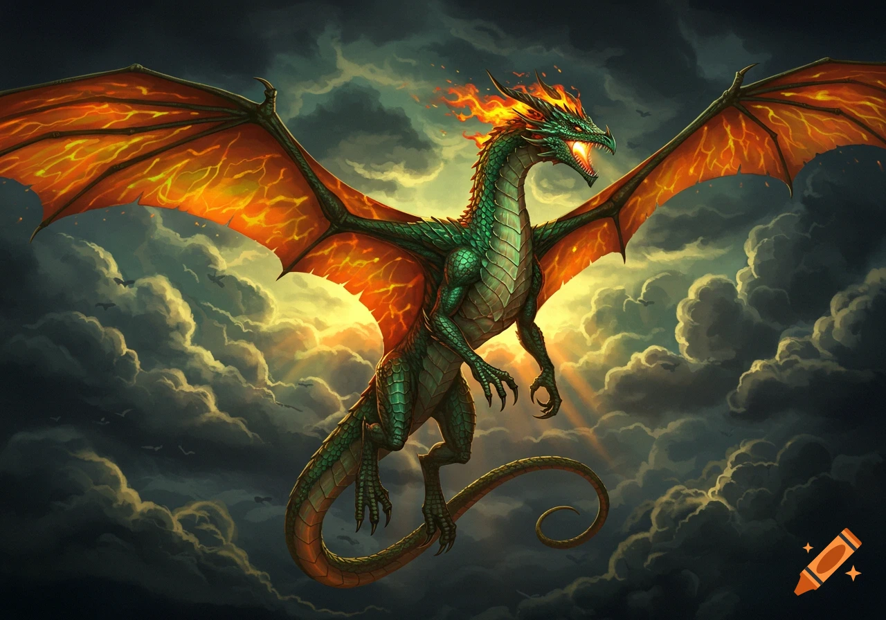 A vibrant green and orange fire dragon with large wings flies through a dramatic sky with glowing clouds.