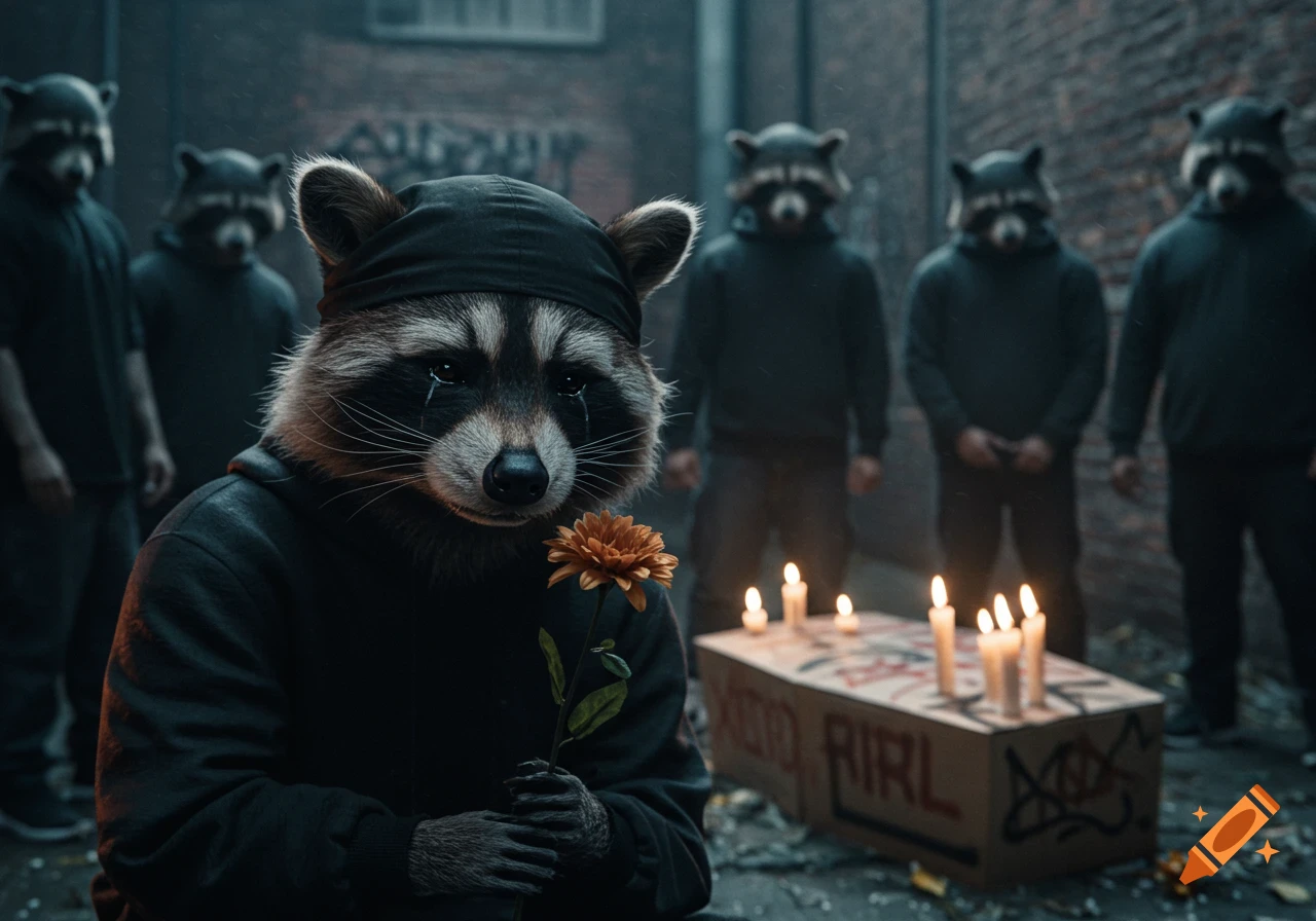 A photorealistic image of a crying anthropomorphic raccoon in a black hoodie holding a flower, kneeling beside a candle-lit cardboard box, with other masked raccoons standing in the background during a somber urban funeral scene.