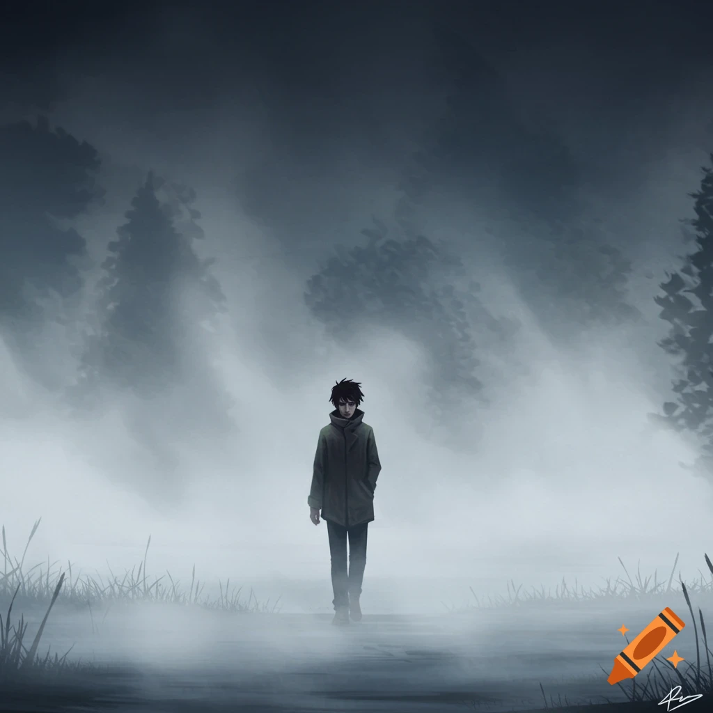 An illustrated figure walks alone through a dense, dark fog in a melancholic night landscape.
