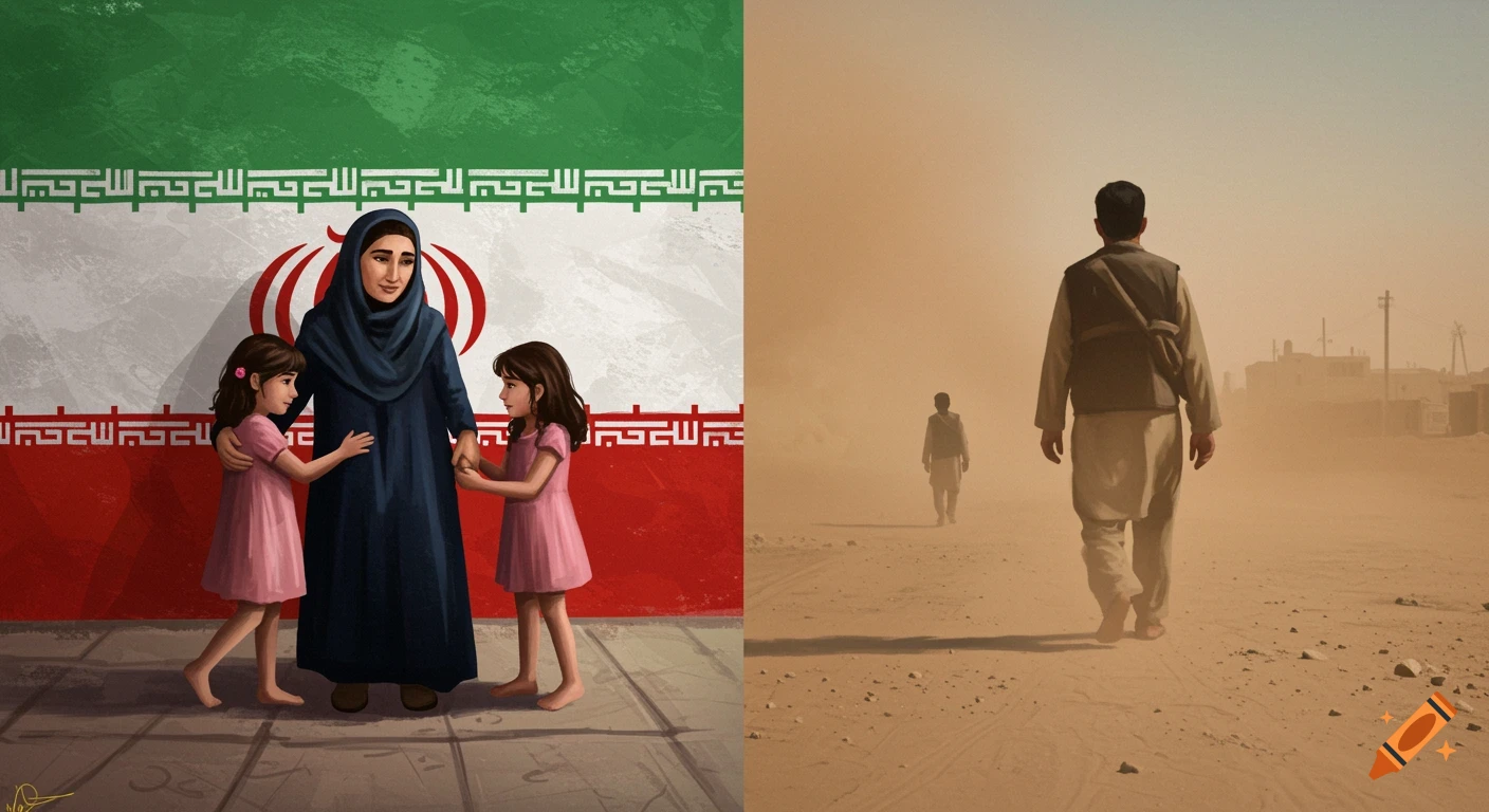 A stylized split image with a woman and two girls in front of the Iranian flag on the left, and a man walking into a dusty desert on the right.