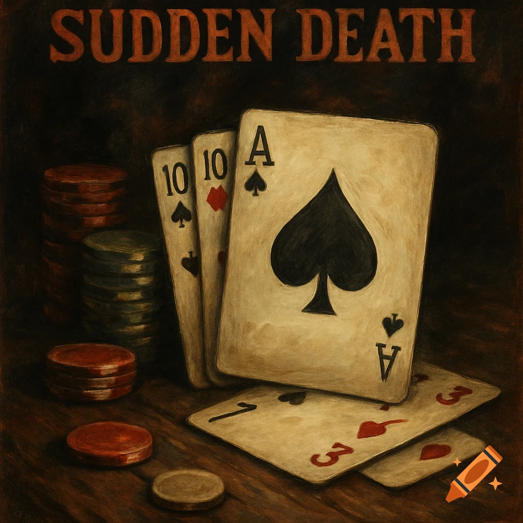 A still life painting of poker cards and poker chips on a dark wooden table, with the words SUDDEN DEATH at the top.
