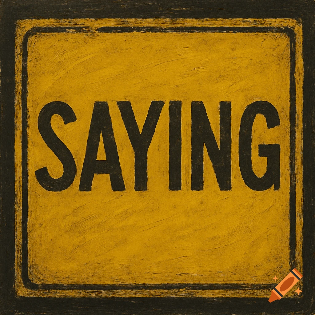 A yellow sign with the word 'SAYING' in bold black letters, framed by a dark border with a textured, distressed appearance.