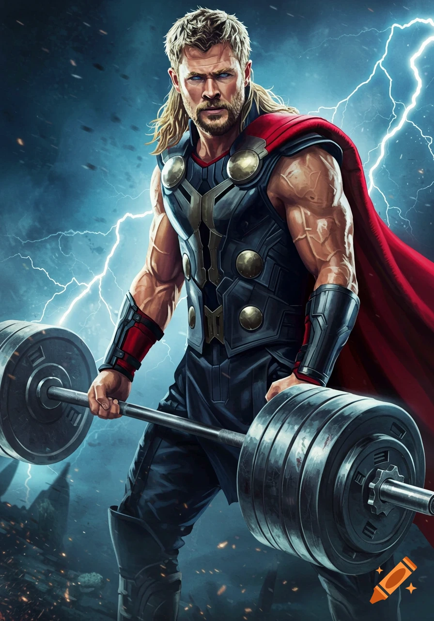 An illustrated image of Thor, with long blonde hair and beard, wearing his armored suit and red cape, holding a heavy barbell against a stormy background with lightning.