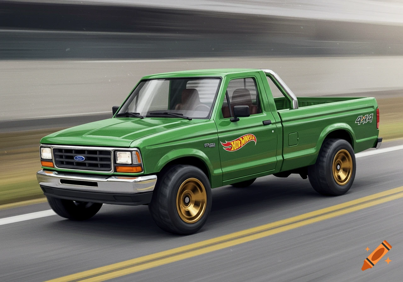 A vibrant green Ford Ranger pickup truck with a Hot Wheels logo and gold wheels drives on a blurred highway, depicted in a photorealistic style.