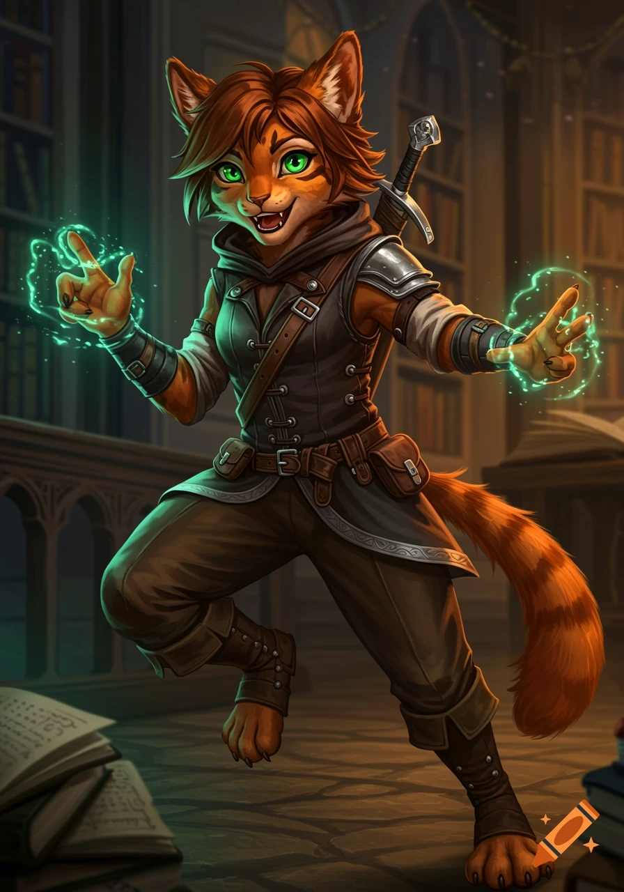 An anthropomorphic cat-like sorcerer casts a green spell in a library setting.