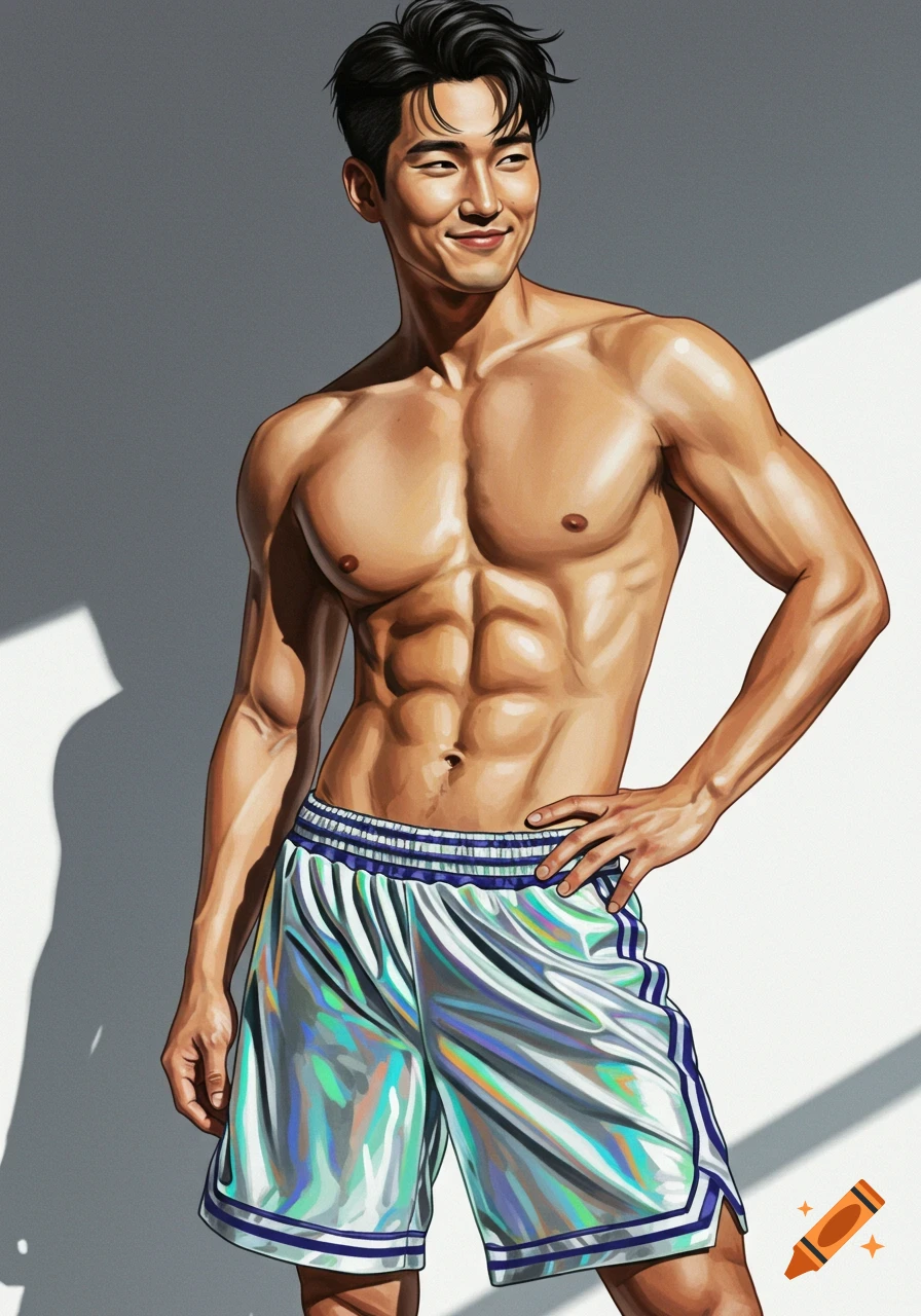 An illustration of a handsome, muscular man in shiny holographic basketball shorts, smiling.