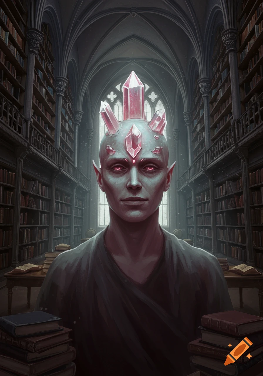 A fantasy character with pink crystals on their head and glowing red eyes stands in a grand, vaulted library filled with bookshelves.