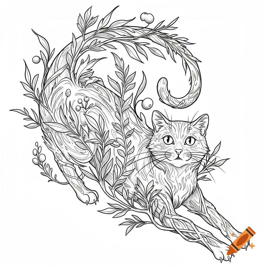 A black and white line art tattoo design featuring a cat sprawling and intertwined with botanical leaves and berries.
