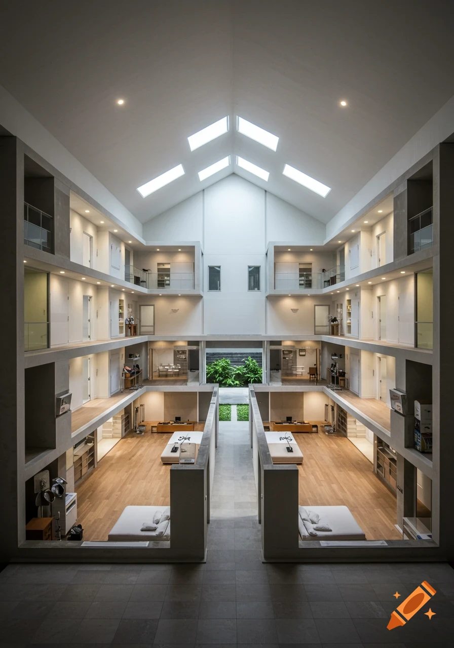Photorealistic view of a large, modern indoor atrium with multi-level rooms, central garden, and skylights.