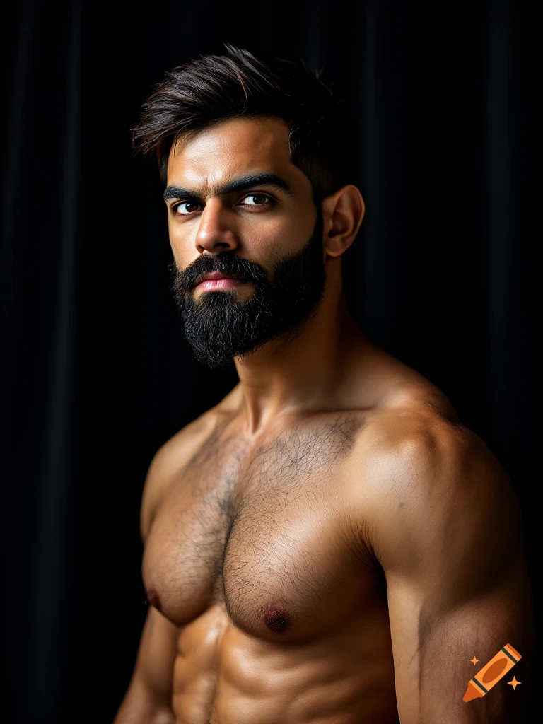 A muscular man with a beard and mustache poses shirtless against a dark background in a photorealistic style.