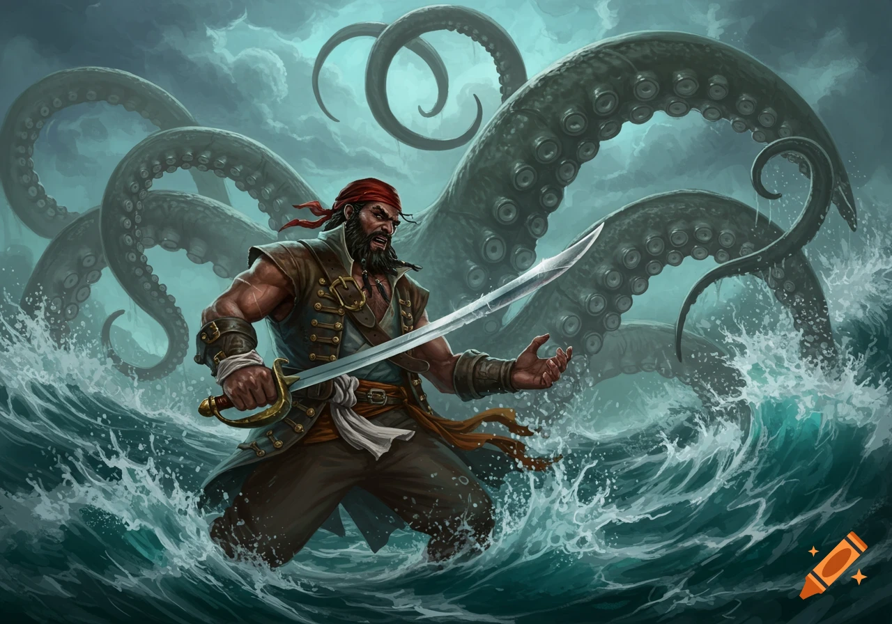 A bearded pirate with a sword battles giant kraken tentacles in stormy seas, fantasy art.