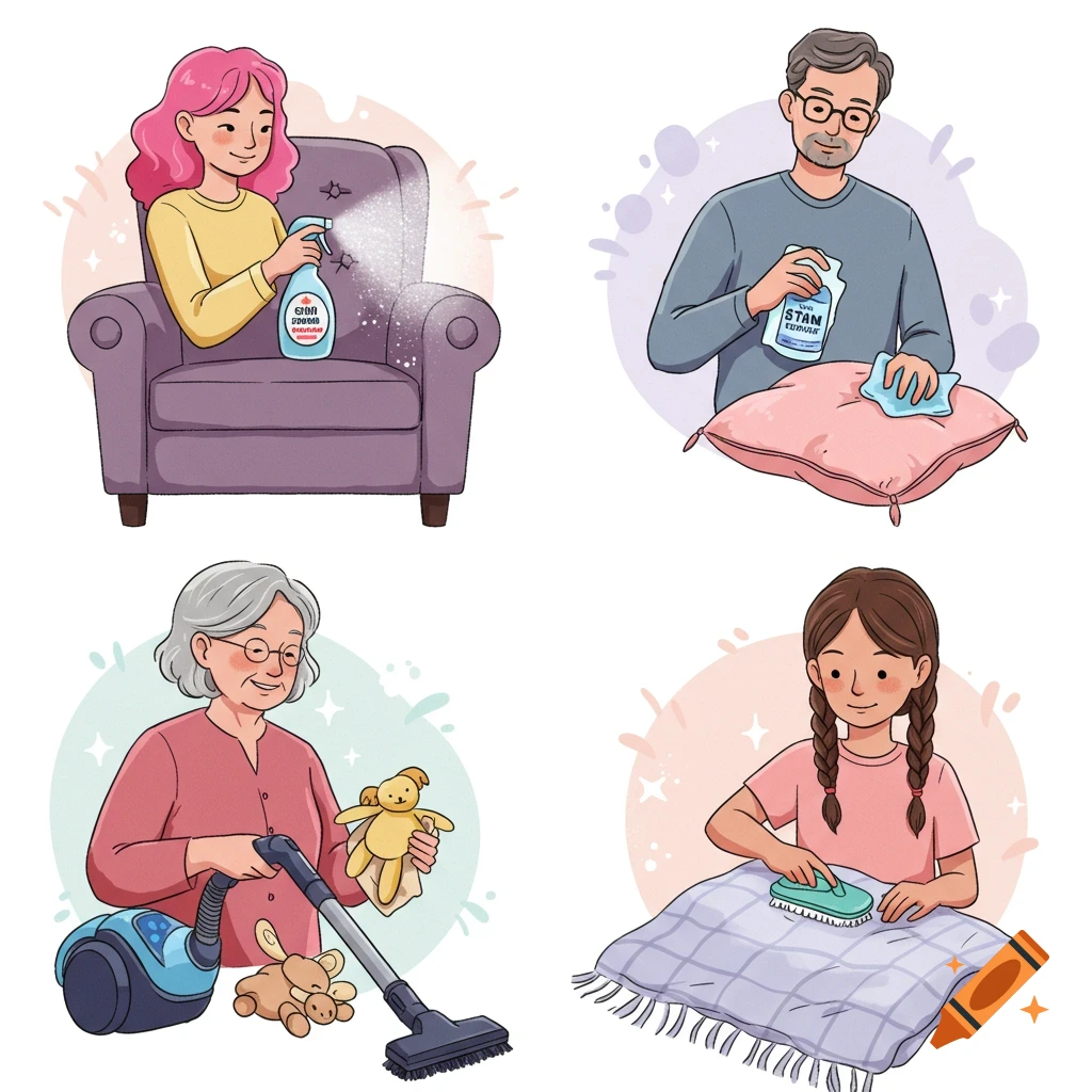Cheerful cartoon illustration of four people cleaning various soft surfaces, including a chair, pillows, and stuffed animals.