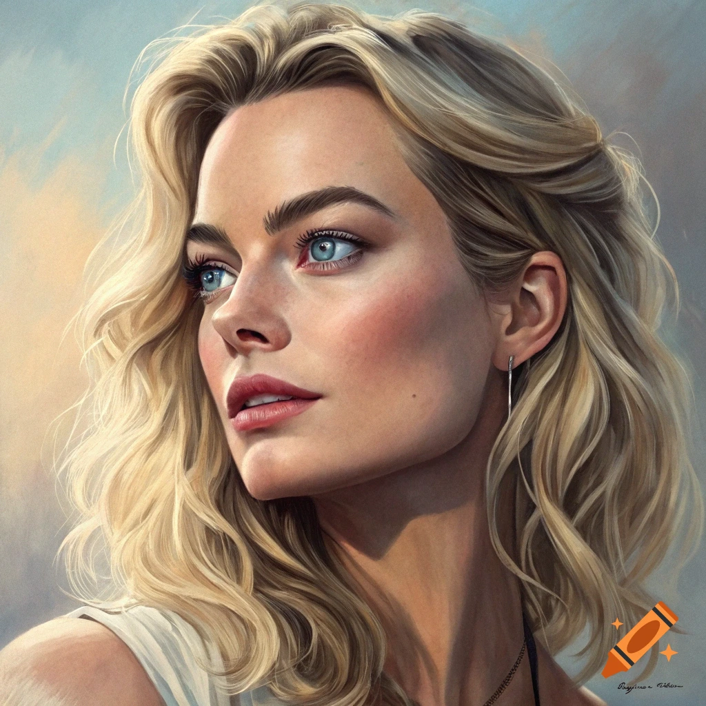 Close-up portrait of a blonde woman with blue eyes looking to the left, in a painterly style.
