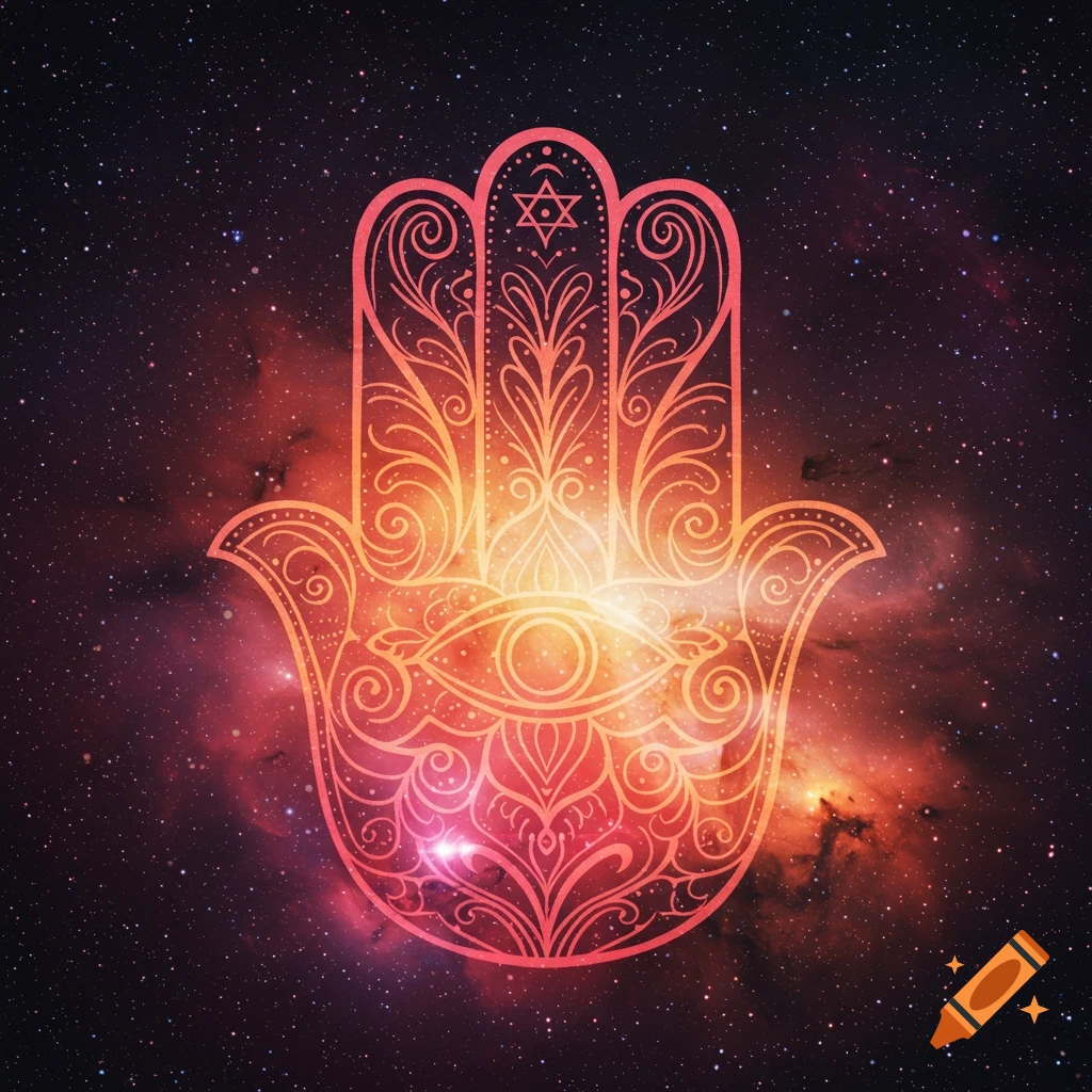 A stylized Hamsa hand glowing with orange and red light, featuring intricate patterns and an eye in the palm, set against a vibrant starry cosmic background with nebulae.
