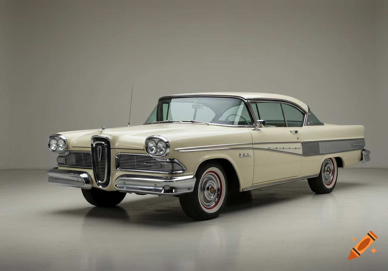 A photorealistic image of a vintage cream-colored Edsel car from the 1950s parked in a studio with a grey background.