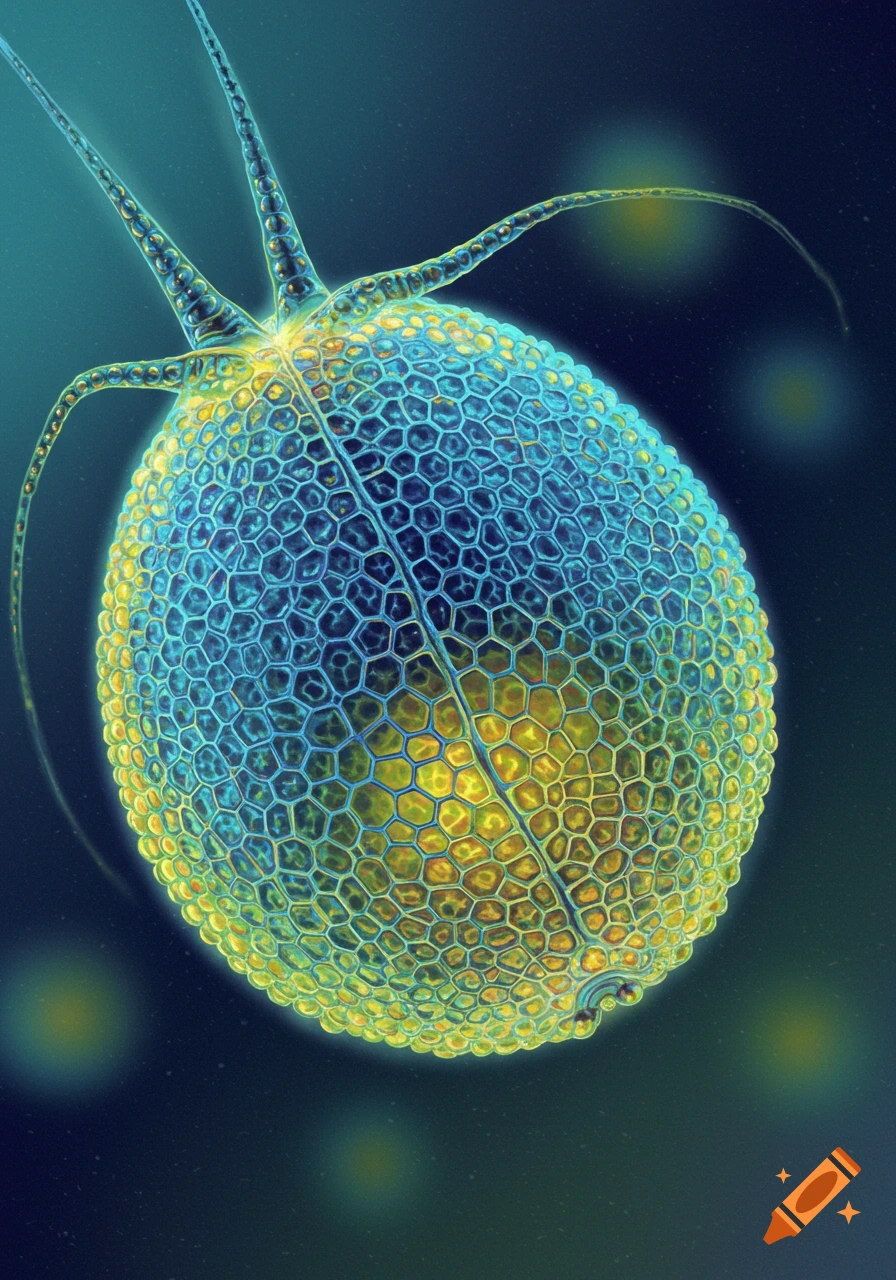 A detailed, illuminated microscopic view of a vibrant blue and yellow diatom with a textured hexagonal surface and tendrils, set against a dark background.
