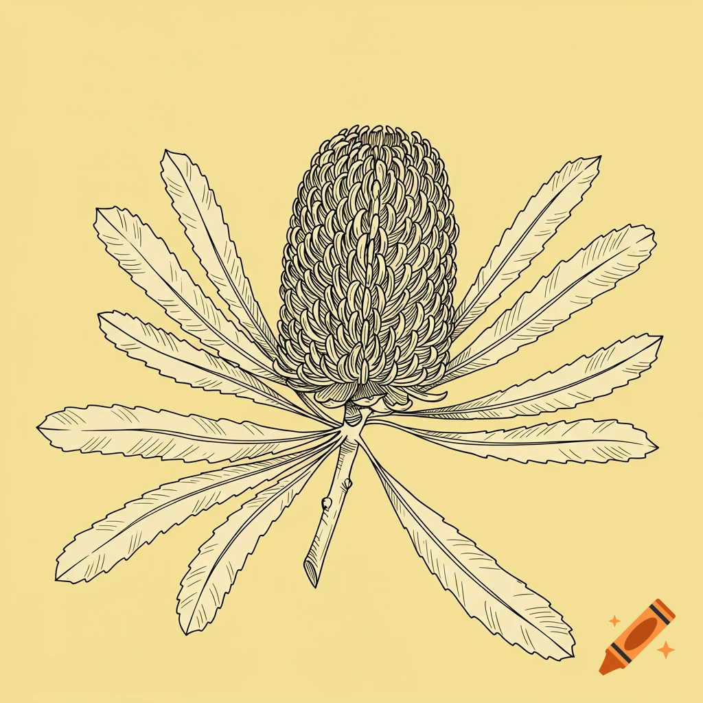 A detailed line drawing of a banksia flower and its leaves, set against a solid light yellow background.