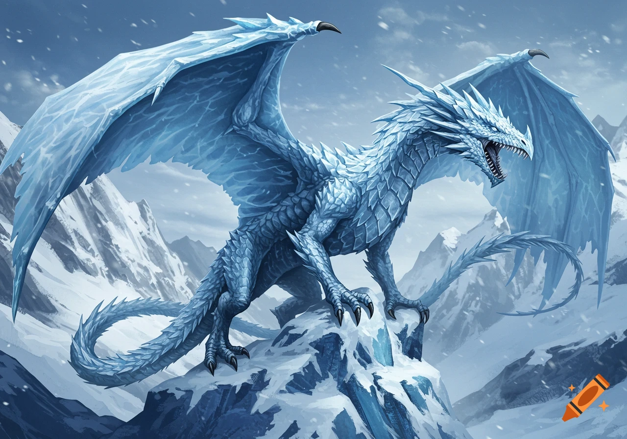A majestic blue and white ice dragon with large wings stands on a snowy mountain peak.