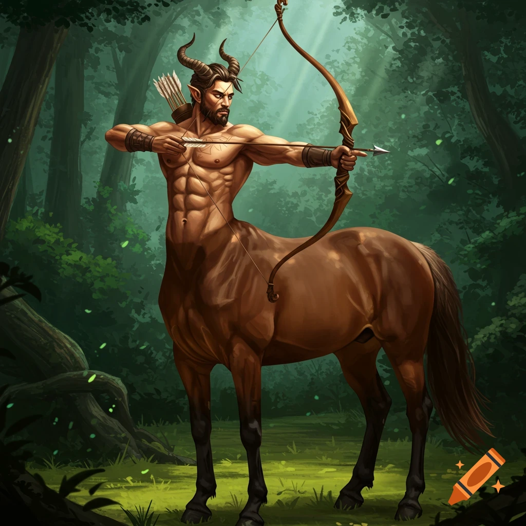 A muscular male centaur with horns aims a bow and arrow in a lush forest.
