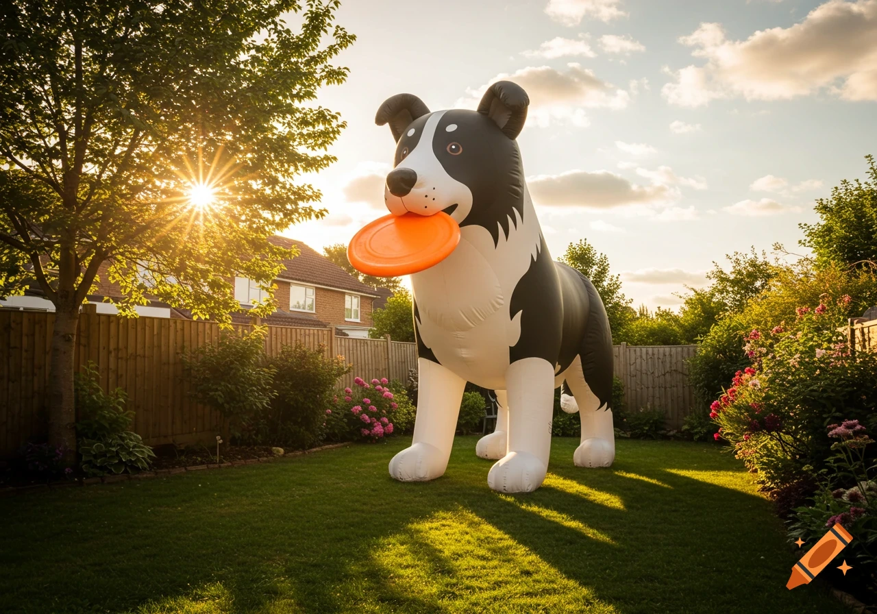 A giant inflatable black and white Border Collie holding an orange frisbee in a sunny backyard.