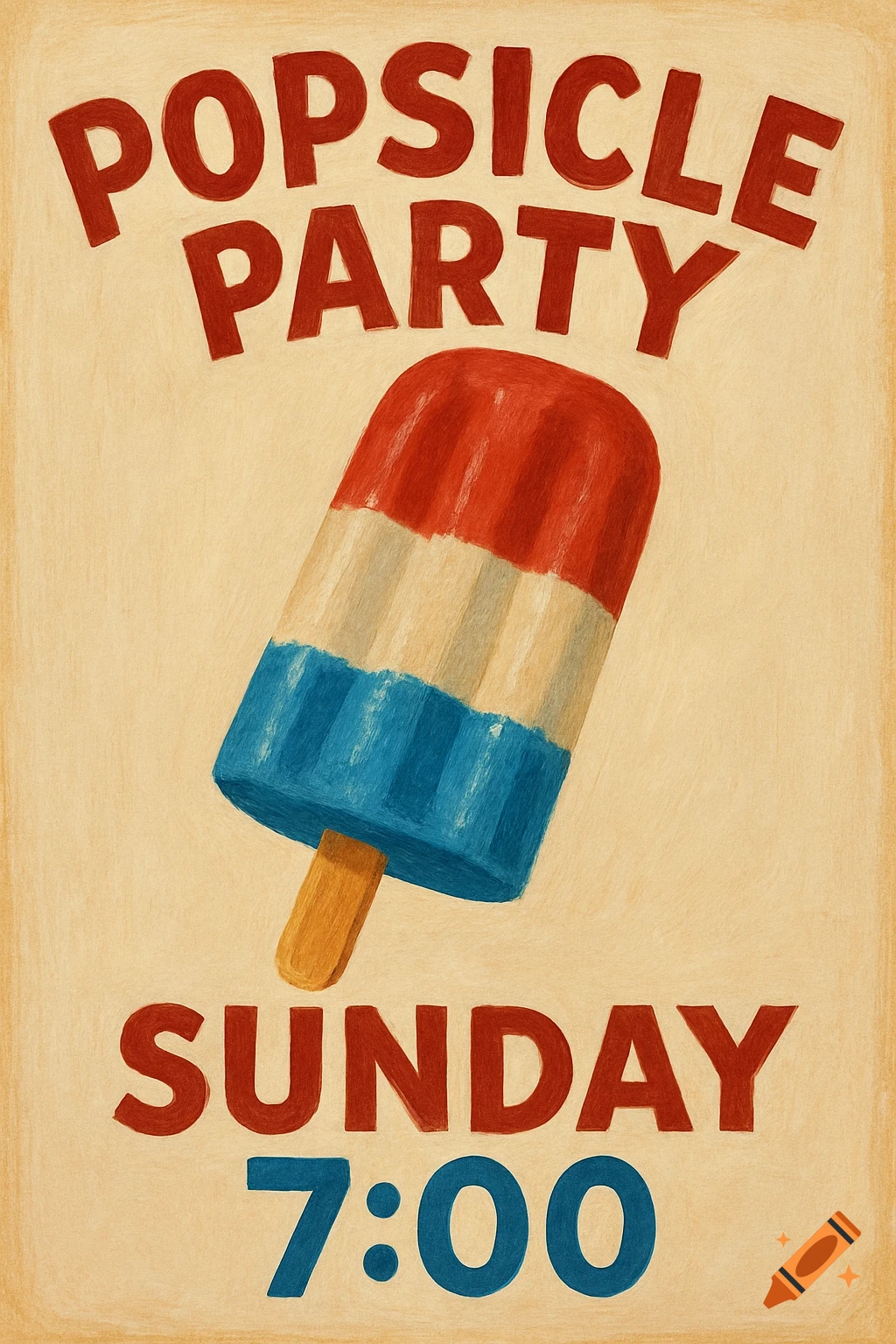 A vintage-style poster advertising a popsicle party on Sunday at 7:00, featuring a red, white, and blue popsicle.