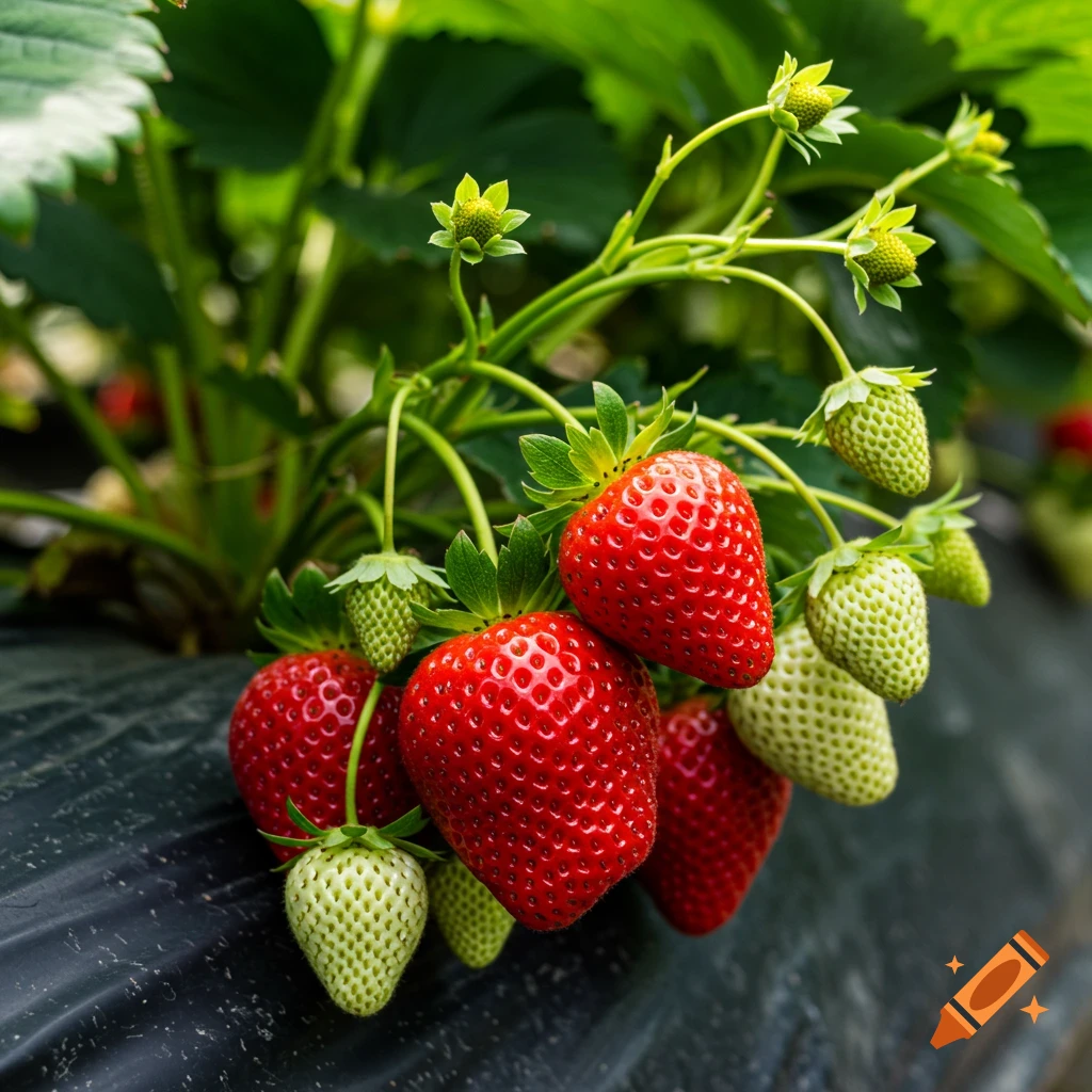 Close-up of ripe red and unripe green strawberries growing on plants with green leaves and black mulch, in a bright, vivid, photorealistic style.