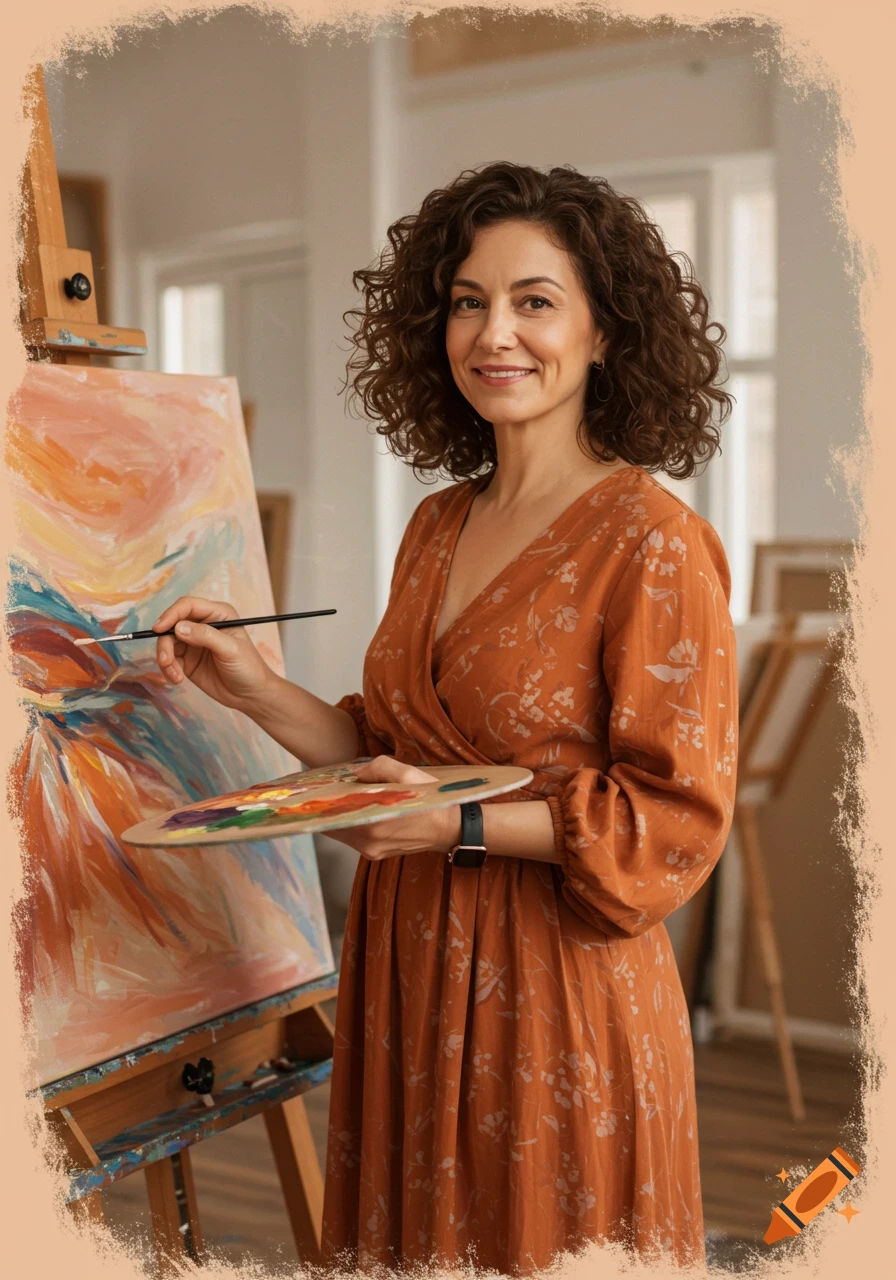 A smiling woman with curly hair paints at an easel, holding a brush and palette in a bright studio.