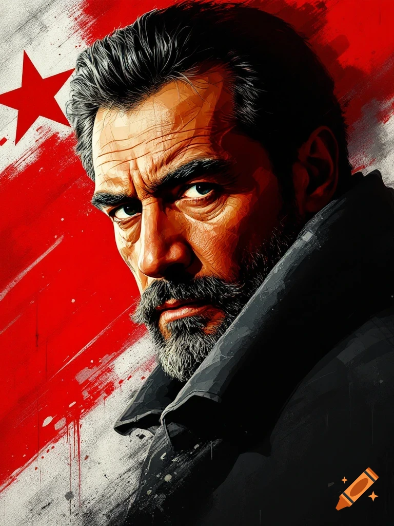 Stylized portrait of a stern man with a beard and dark hair, set against a red and white background with a large red star.