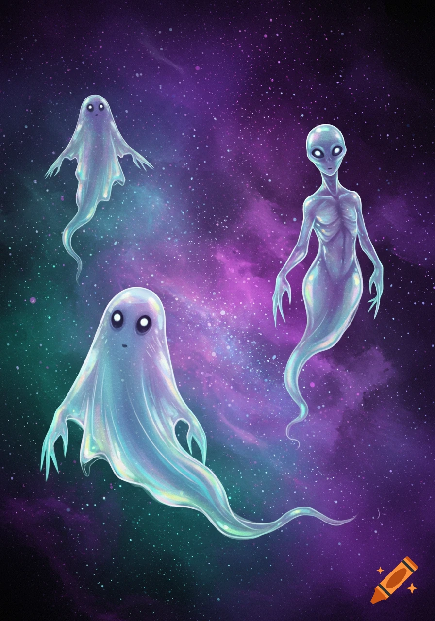 Two translucent ghosts and a skeletal alien figure float through a vibrant purple and green galaxy with stars.