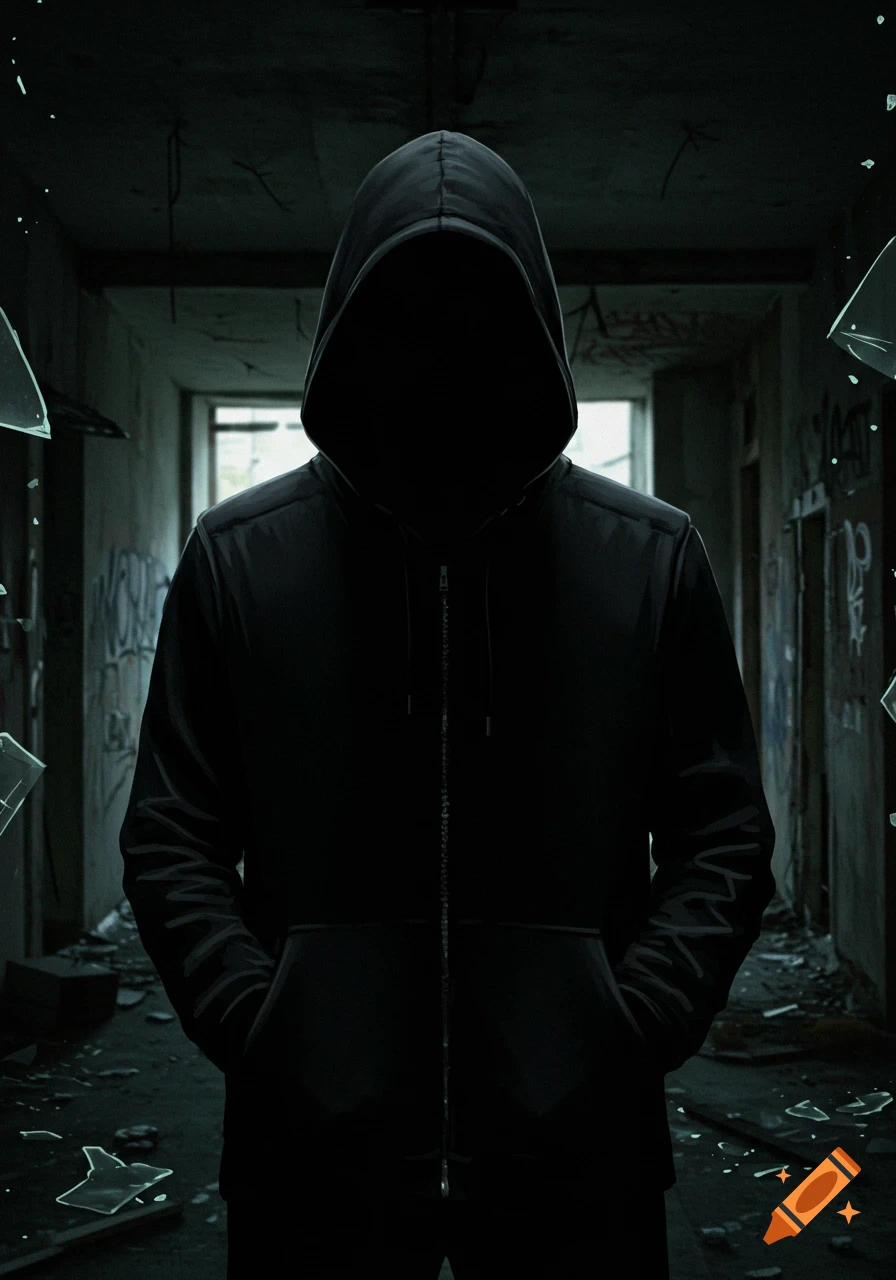 A dark, photorealistic image of a hooded figure with a blacked-out face standing in a dark, dilapidated hallway with broken glass.