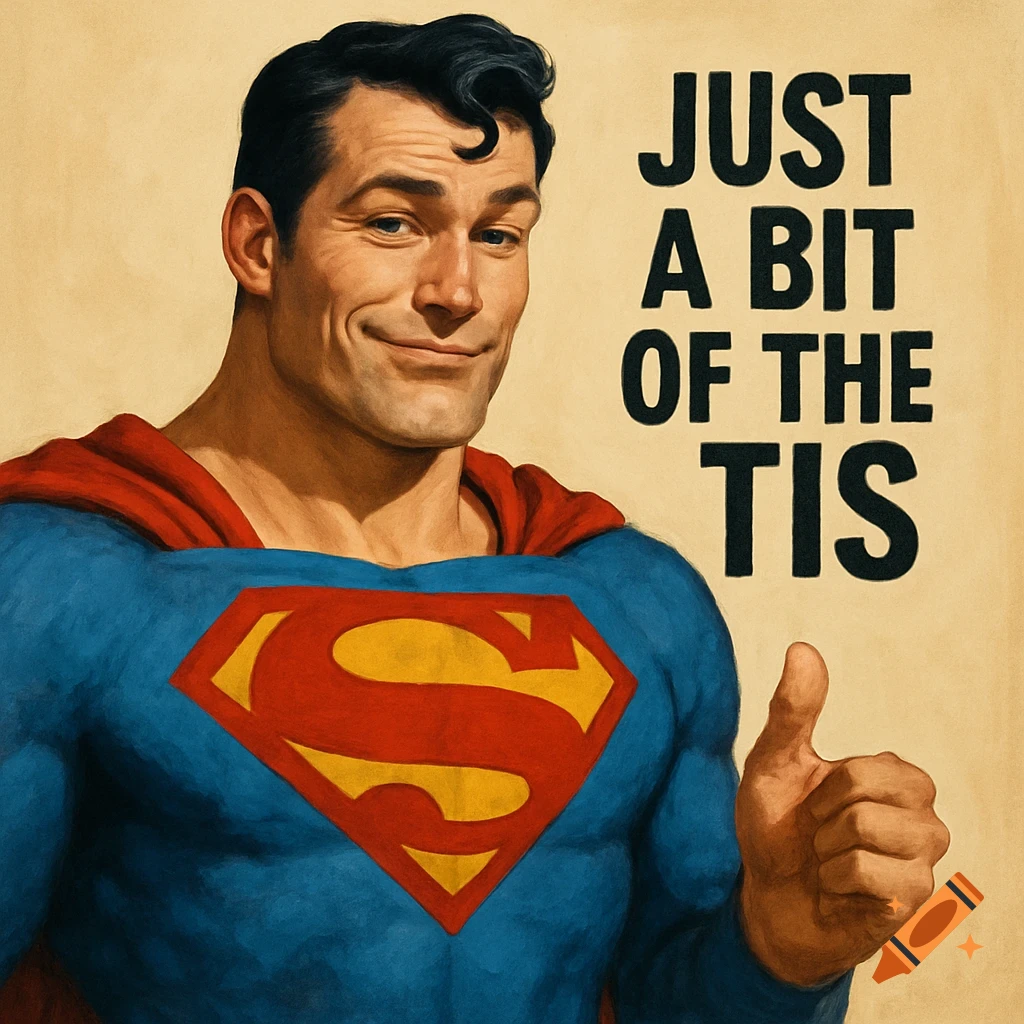 A vintage-style illustration of Superman winking and giving a thumbs up, with the text "JUST A BIT OF THE TIS" on a beige background.