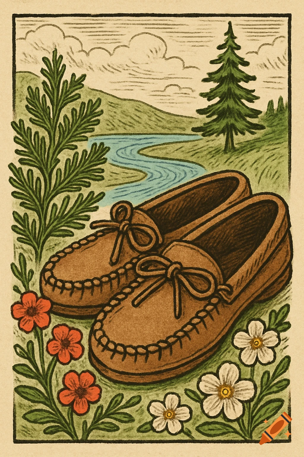 A stylized drawing of a pair of brown moccasins in a natural setting with green foliage, red and white flowers, a winding river, and trees under a cloudy sky.