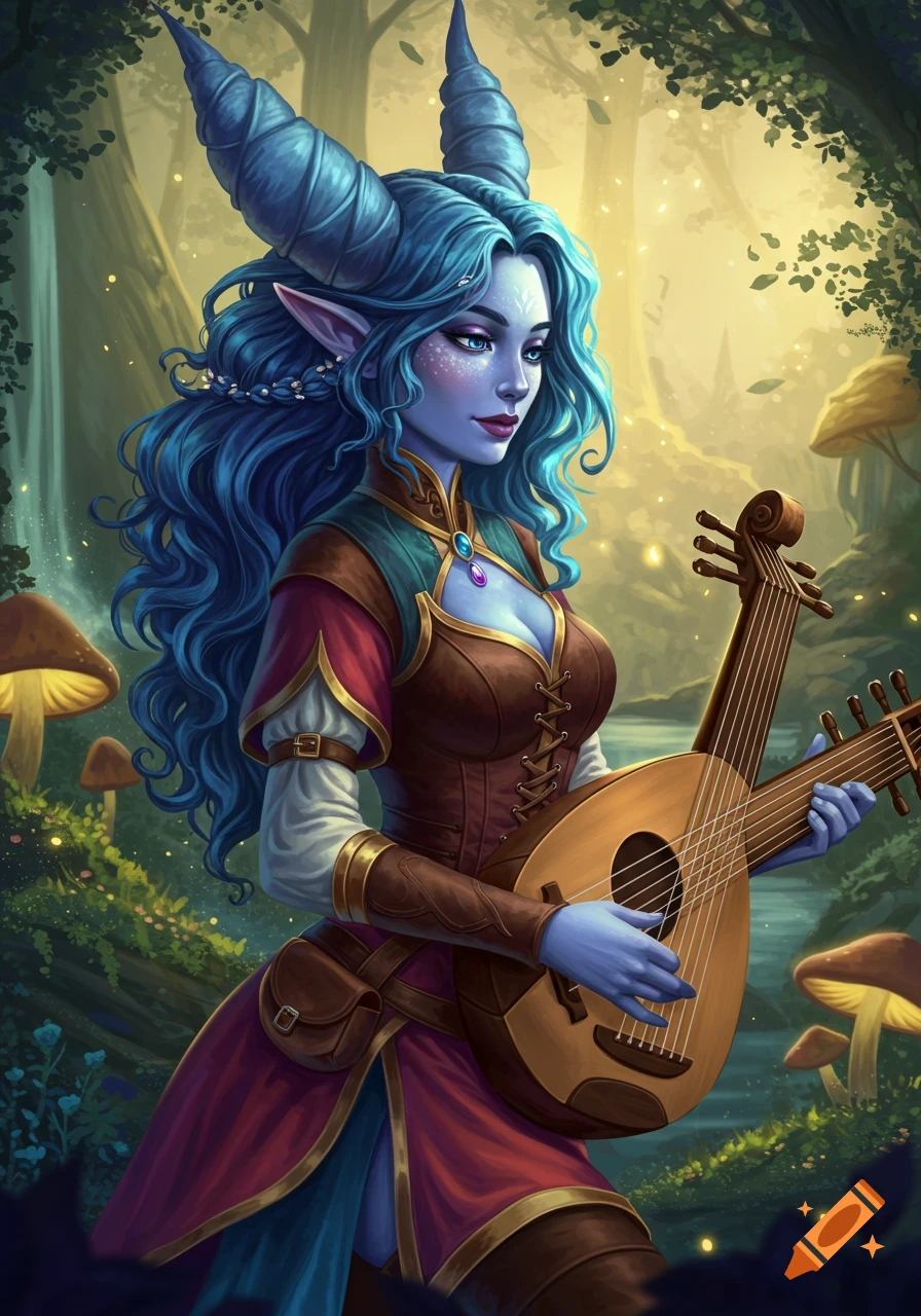 A blue-skinned female firbolg with long blue hair and horns plays a lute in a lush fantasy forest.