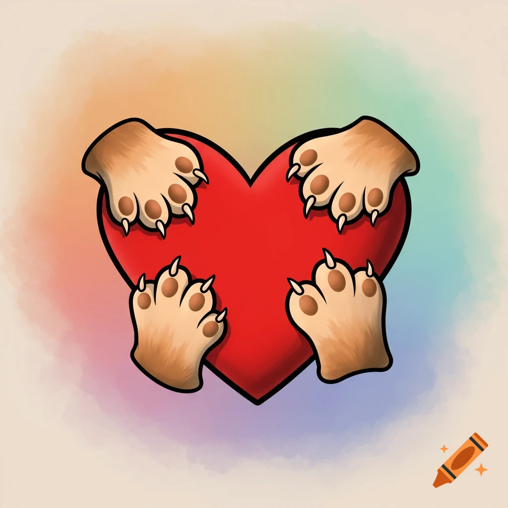 A cartoon illustration of four furry cat paws clinging to a red heart.