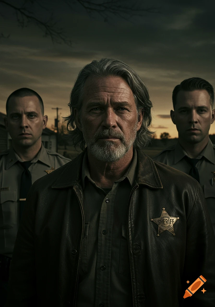 A grizzled, gray-haired man in a leather jacket with a sheriff's badge stands between two deputies under a dark sky, photorealistic style.