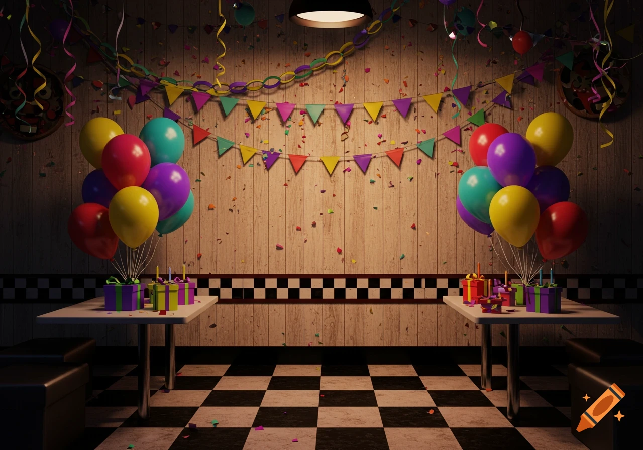 A party room with wooden walls, checkered floor, colorful balloons, streamers, and presents on two tables under soft lighting.