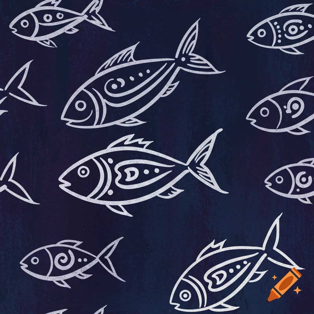 A repeating pattern of white tribal line art fish on a dark blue background.
