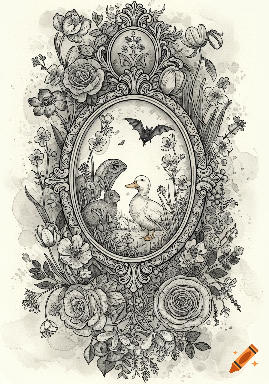 Black and white botanical illustration with an ornate frame surrounding a duck, bunny, lizard, and bat, with roses and flowers.