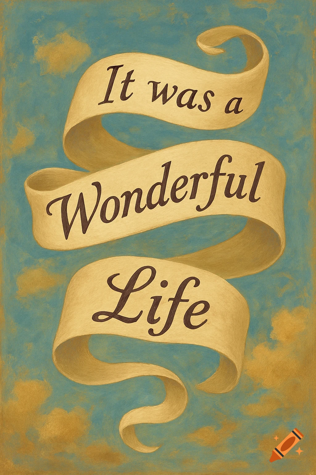 A flowing beige ribbon with the words "It was a Wonderful Life" in brown script, set against a textured blue sky with gold clouds.