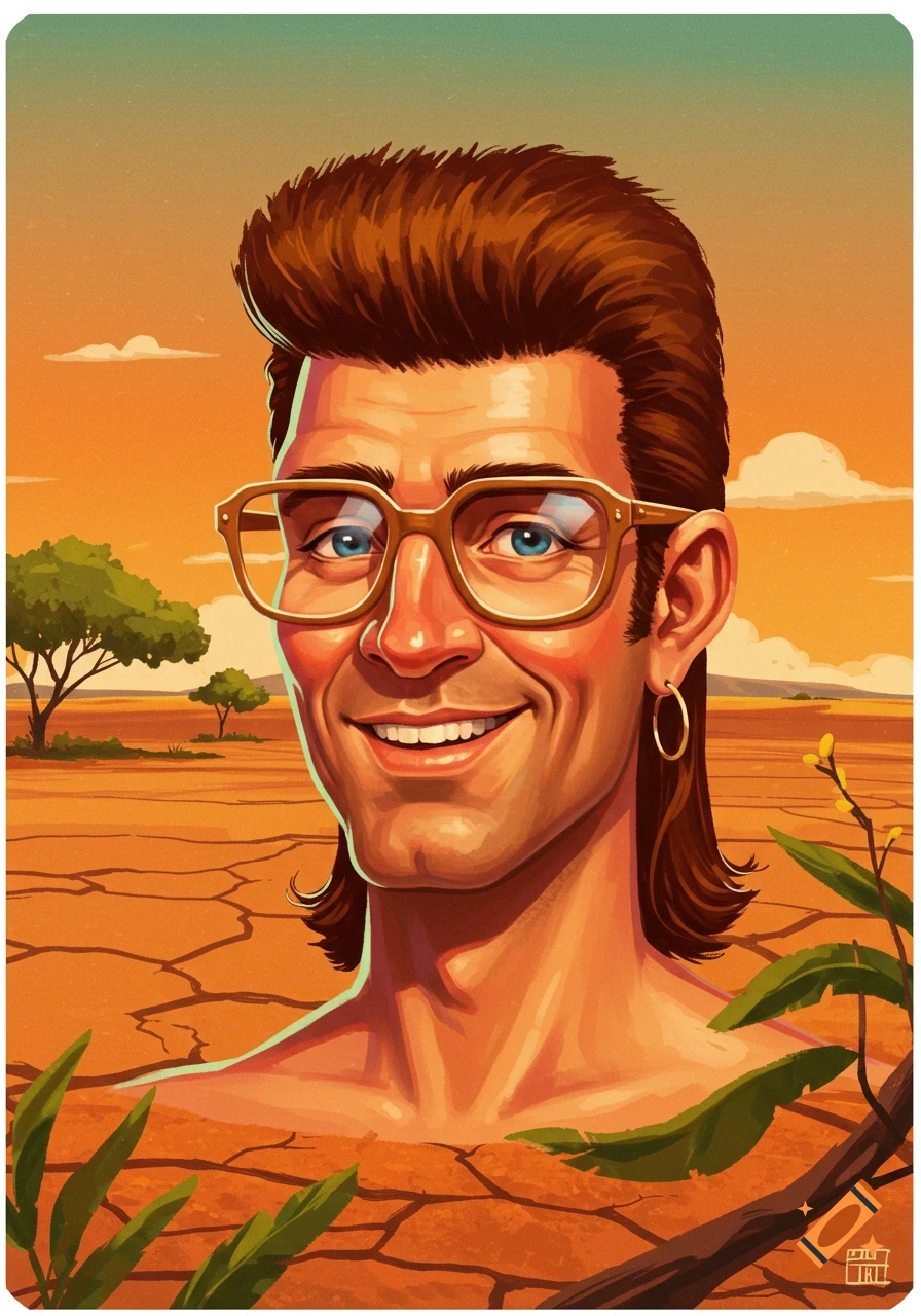 Stylized illustration of a smiling man with a mullet and glasses in a cracked desert landscape under an orange sky.
