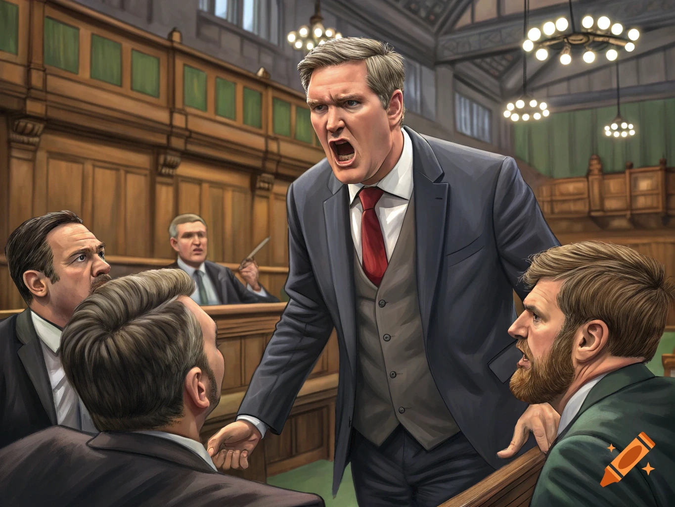 Illustrated scene of a man in a suit shouting angrily at other men in a wood-paneled courtroom or parliament.
