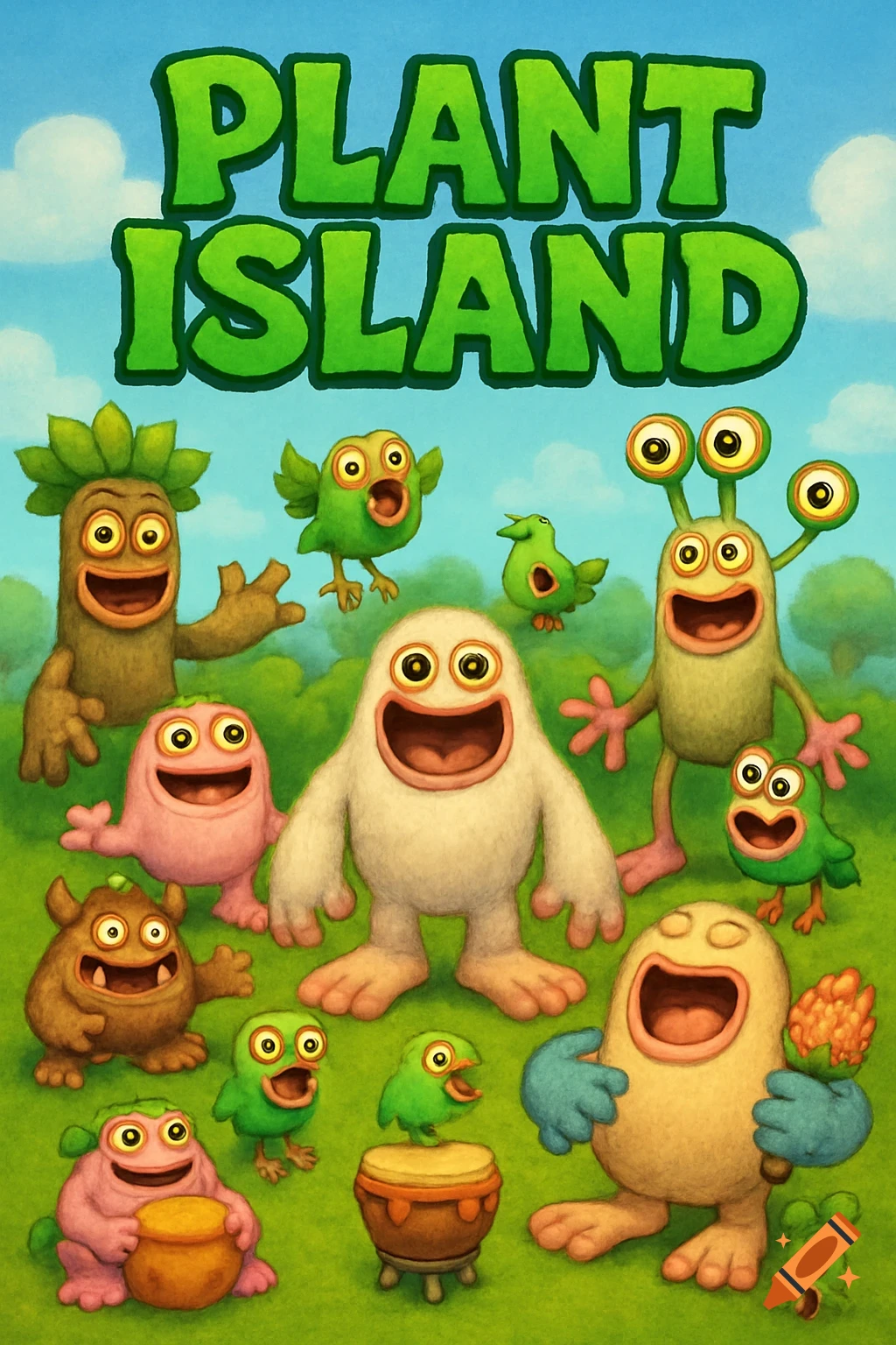 A colorful illustration of multiple smiling, fantastical creatures from My Singing Monsters on a grassy island, with 'PLANT ISLAND' text above.