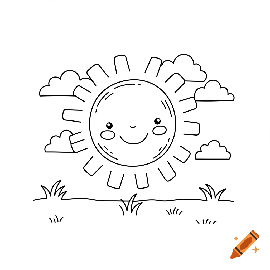 Line art of a happy sun with clouds and grass, suitable for a coloring page.