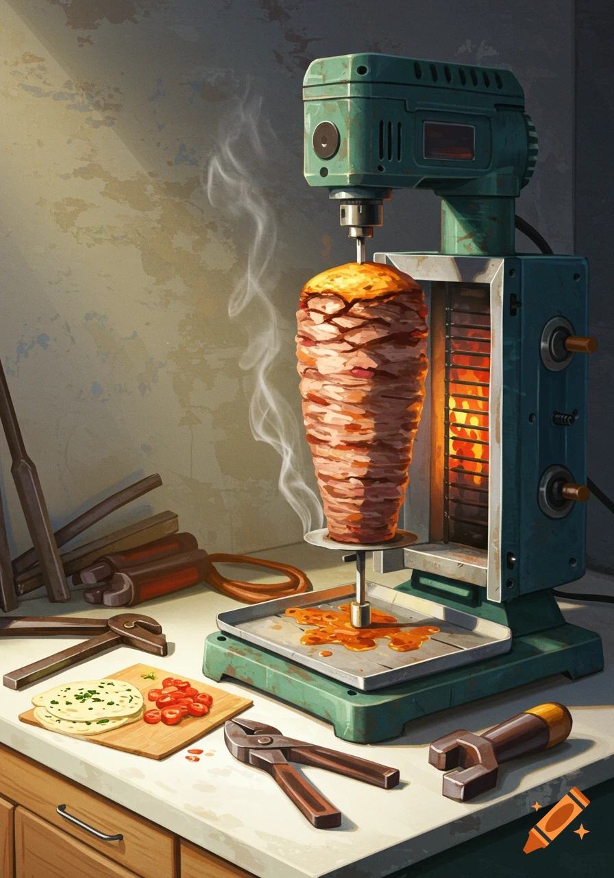 A creative doner kebab setup featuring a green desktop pillar drill cooking meat, with flatbread and tools on a kitchen counter.