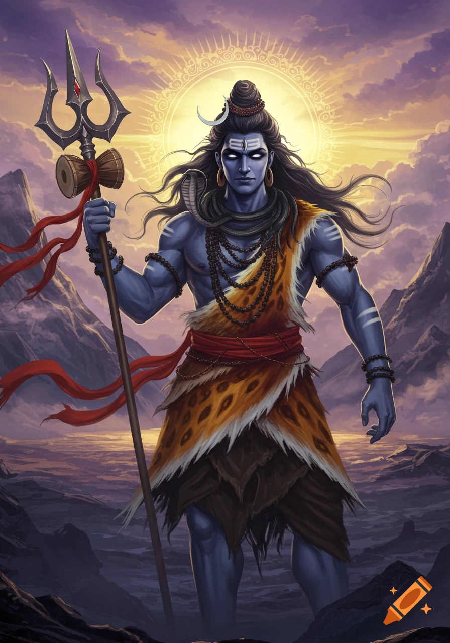 A powerful depiction of Lord Shiva with blue skin, holding a trident, against a vibrant sunset and mountains, in an anime-fantasy style.