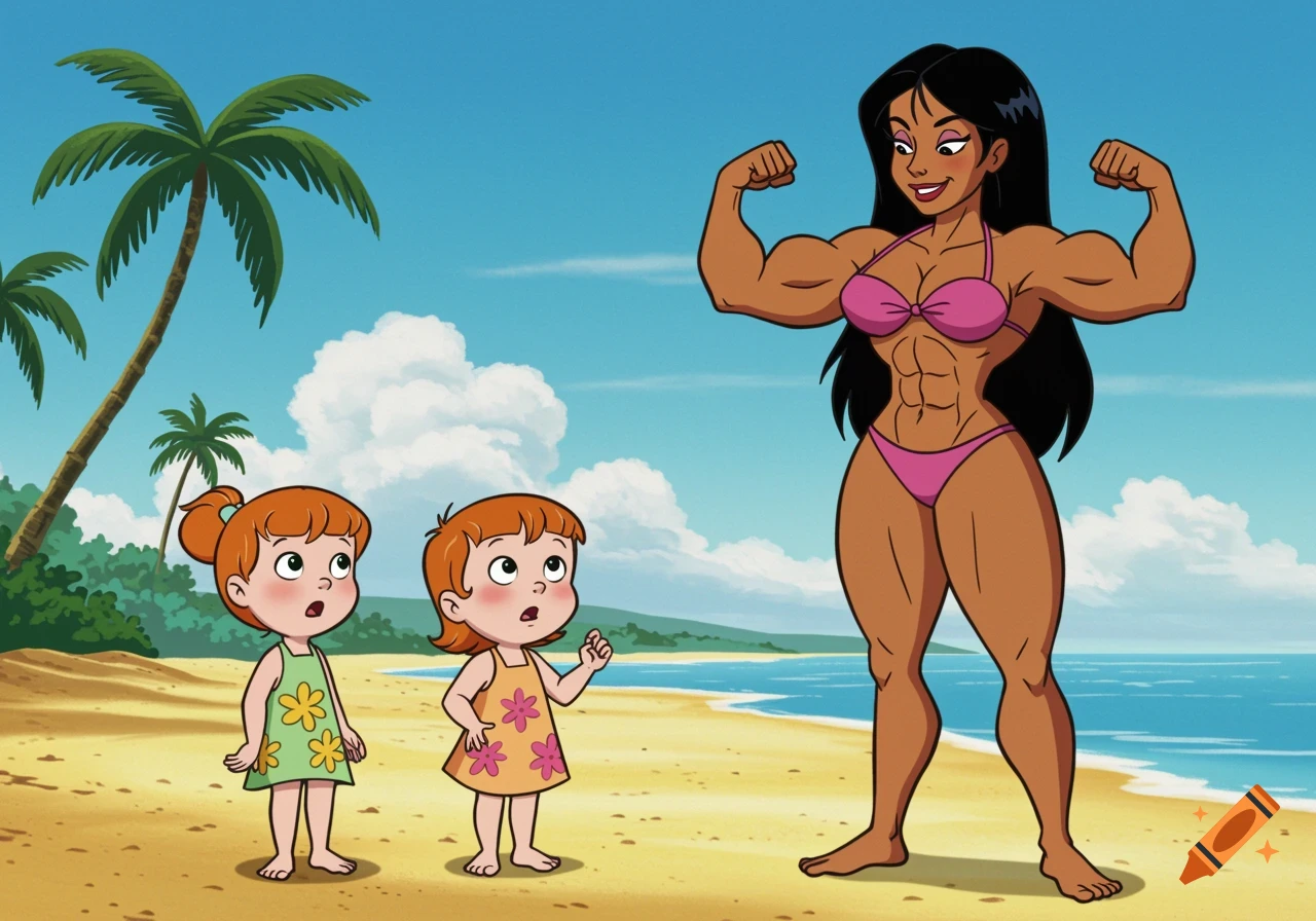 A muscular woman in a pink bikini flexing on a beach, watched by two surprised cartoon children in sundresses.