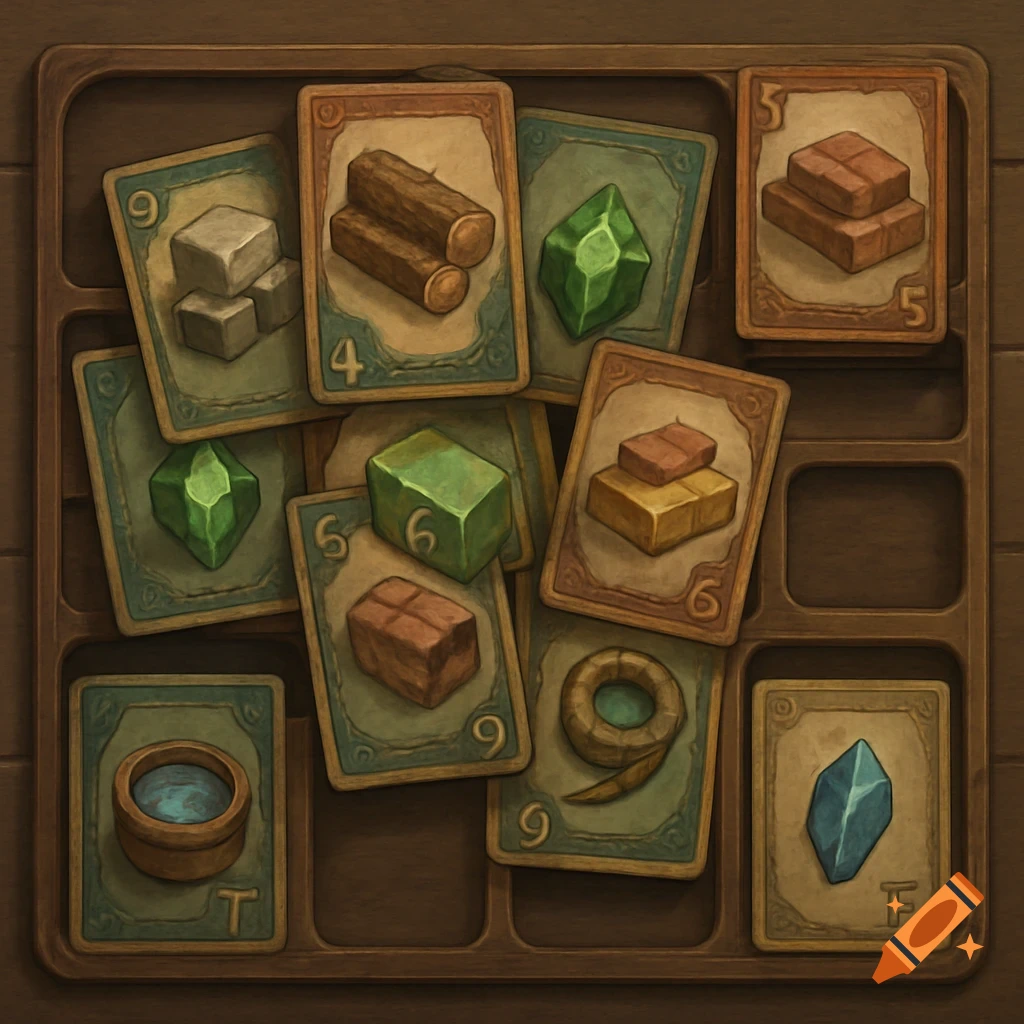 Overhead view of a game board with cards depicting numbers and various resources like wood, gems, and ingots, set in a wooden tray.