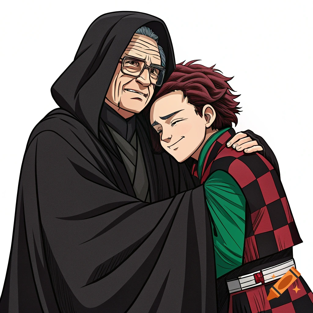 An older man in a dark hooded robe and glasses embraces a younger boy with red hair and a checkered haori, in an anime style.
