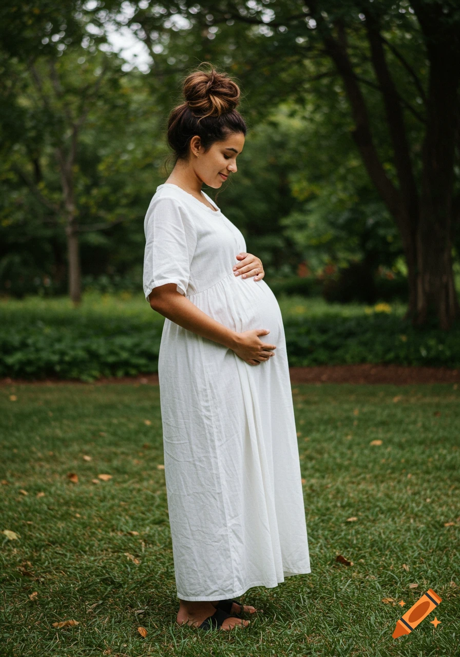A pregnant woman in a white dress stands in a grassy park, gently holding her belly, in a photorealistic outdoor portrait.